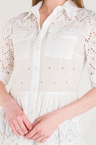 ÖZEL TASARIM / Limited Edition - Beyaz Tamamı Fisto İşlemeli Mini Elbise