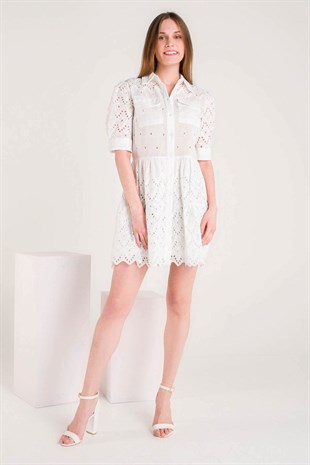 ÖZEL TASARIM / Limited Edition - Beyaz Tamamı Fisto İşlemeli Mini Elbise