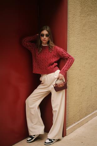 Palazzo Pamuk Kadın Krem Rengi Bej Kumaş Pantolon