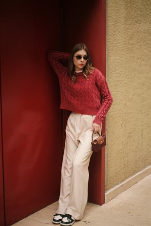 Palazzo Pamuk Kadın Krem Rengi Bej Kumaş Pantolon