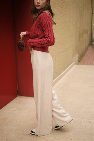 Palazzo Pamuk Kadın Krem Rengi Bej Kumaş Pantolon