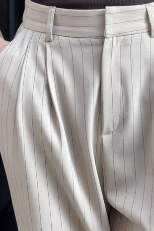 Palazzo Pamuk Kadın Krem Rengi Kahverengi Çizgili Pantolon