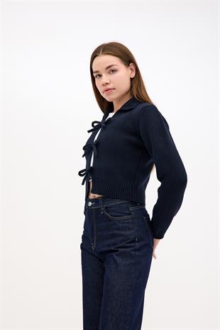 Pamuk Crop Polo Yaka Bağcıklı Kurdele Detaylı Lacivert Triko