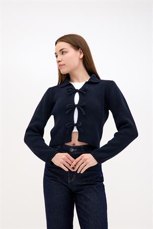 Pamuk Crop Polo Yaka Bağcıklı Kurdele Detaylı Lacivert Triko