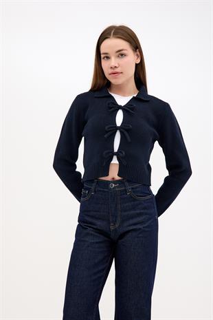 Pamuk Crop Polo Yaka Bağcıklı Kurdele Detaylı Lacivert Triko