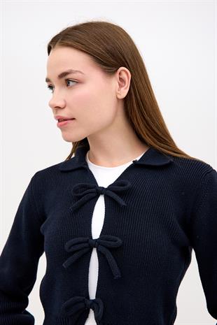 Pamuk Crop Polo Yaka Bağcıklı Kurdele Detaylı Lacivert Triko