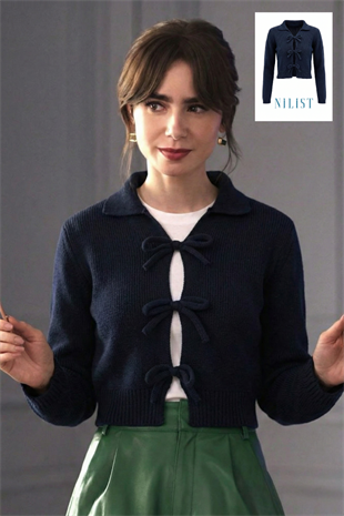 Pamuk Crop Polo Yaka Bağcıklı Kurdele Detaylı Lacivert Triko