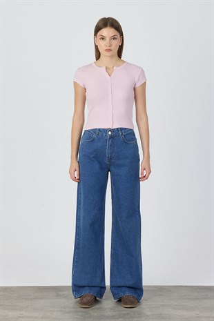 Pamuk Önden Düğmeli Kaşkorse Crop Bluz - Toz Pembe