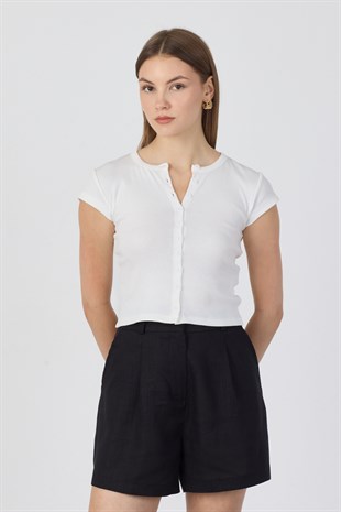 Pamuk Önden Düğmeli Kaşkorse Crop Bluz - Beyaz