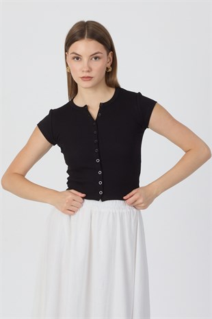 Pamuk Önden Düğmeli Kaşkorse Crop Bluz - Siyah