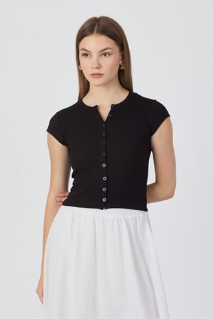 Pamuk Önden Düğmeli Kaşkorse Crop Bluz - Siyah