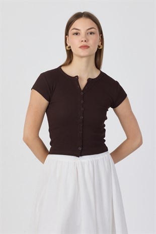 Pamuk Önden Düğmeli Kaşkorse Crop Bluz - Kahverengi