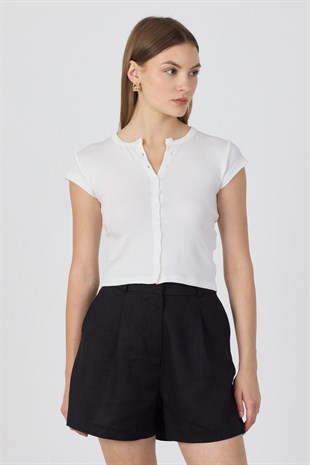 Pamuk Önden Düğmeli Kaşkorse Crop Bluz - Beyaz