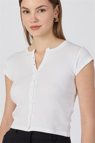 Pamuk Önden Düğmeli Kaşkorse Crop Bluz - Beyaz