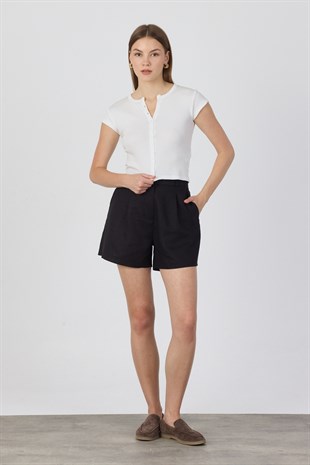 Pamuk Önden Düğmeli Kaşkorse Crop Bluz - Beyaz