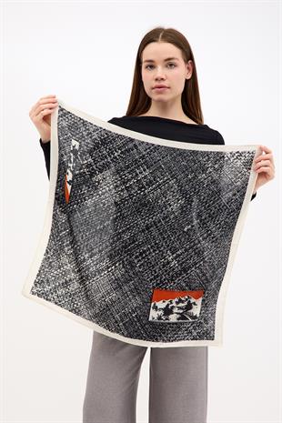 Pamuk Siyah-Krem Rengi-Gri Desenli Şal Fular