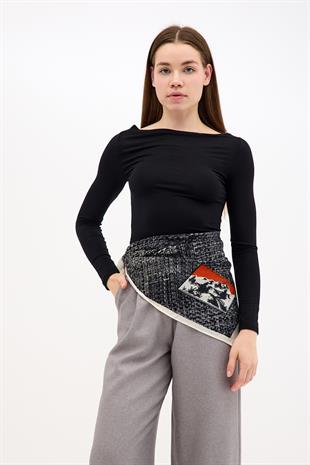 Pamuk Siyah-Krem Rengi-Gri Desenli Şal Fular