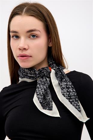 Pamuk Siyah-Krem Rengi-Gri Desenli Şal Fular