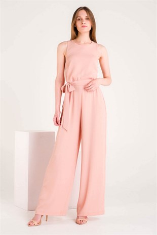 Pembe Sırtı Bağlama Detaylı Kuşaklı Tulum