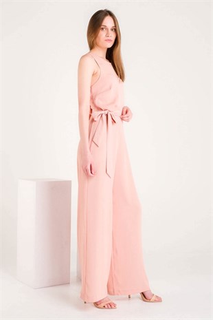 Pembe Sırtı Bağlama Detaylı Kuşaklı Tulum