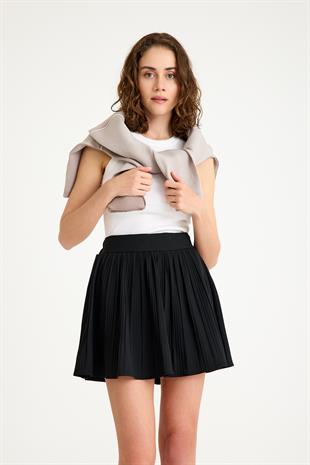 Pilili İçi Şortlu Etek - Siyah