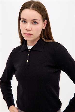 Polo Yaka Altın Düğme Detaylı Siyah Triko