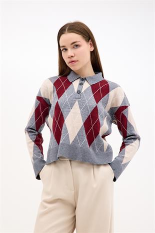 Polo Yaka Gri Krem Bordo Baklava Desenli Triko