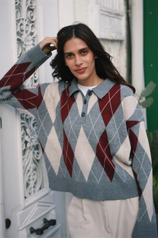 Polo Yaka Gri Krem Bordo Baklava Desenli Triko