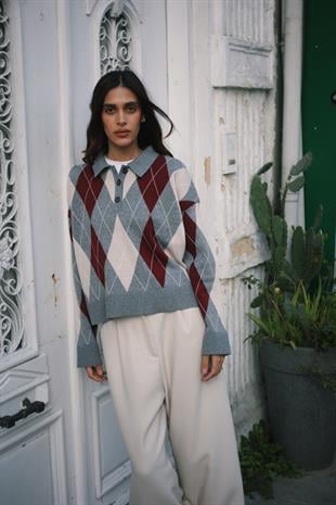 Polo Yaka Gri Krem Bordo Baklava Desenli Triko