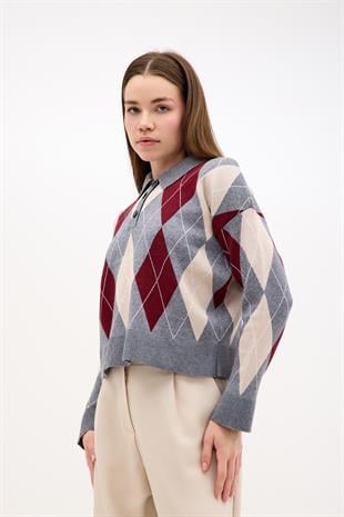 Polo Yaka Gri Krem Bordo Baklava Desenli Triko