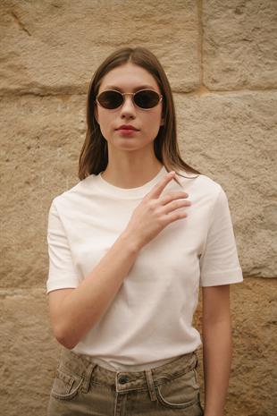 Premium Bisiklet Yaka Pamuklu Geniş Yaka Kadın Beyaz T-shirt Basic