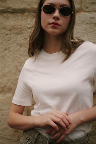 Premium Bisiklet Yaka Pamuklu Geniş Yaka Kadın Beyaz T-shirt Basic