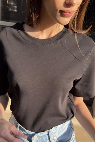Premium Bisiklet Yaka Pamuklu Geniş Yaka Kadın Siyah T-shirt Basic