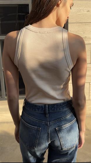 Premium Halter Yaka Pamuk Kaşkorse Fitilli Kadın Krem Rengi Atlet T-shirt Basic
