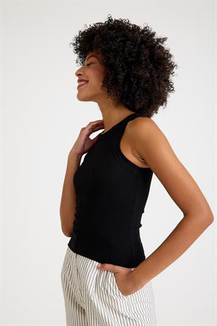 Premium Halter Yaka Pamuk Kaşkorse Fitilli Kadın Siyah Atlet T-shirt Basic