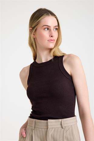 Premium Halter Yaka Pamuk Kaşkorse Fitilli Kadın Kahverengi Atlet T-shirt Basic