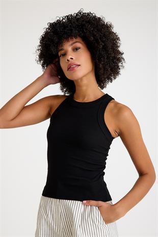 Premium Halter Yaka Pamuk Kaşkorse Fitilli Kadın Siyah Atlet T-shirt Basic