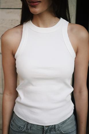 Premium Halter Yaka Pamuk Kaşkorse Fitilli Kadın Beyaz Atlet T-shirt Basic