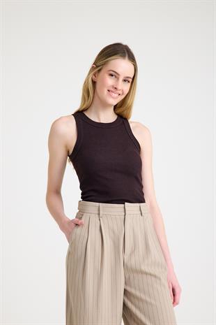 Premium Halter Yaka Pamuk Kaşkorse Fitilli Kadın Kahverengi Atlet T-shirt Basic