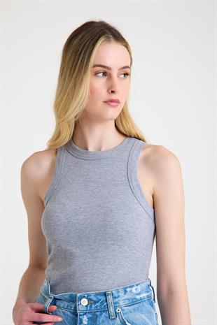 Premium Halter Yaka Pamuk Kaşkorse Fitilli Kadın Gri Atlet T-shirt Basic