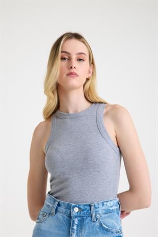 Premium Halter Yaka Pamuk Kaşkorse Fitilli Kadın Gri Atlet T-shirt Basic