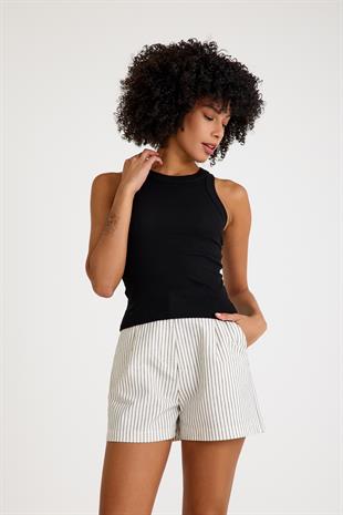 Premium Halter Yaka Pamuk Kaşkorse Fitilli Kadın Siyah Atlet T-shirt Basic