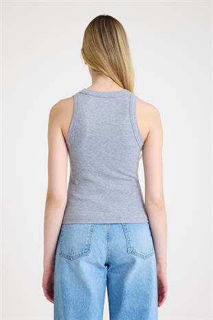 Premium Halter Yaka Pamuk Kaşkorse Fitilli Kadın Gri Atlet T-shirt Basic