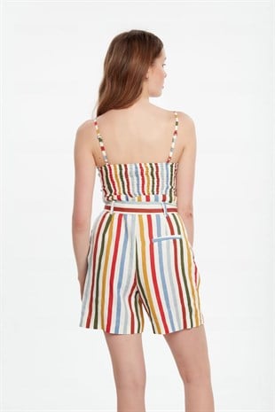 Renkli çizgili keten yüksek bel şort