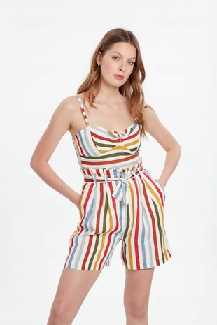 Renkli çizgili keten yüksek bel şort