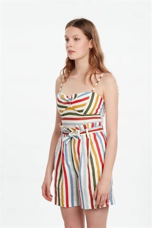 Renkli çizgili keten yüksek bel şort