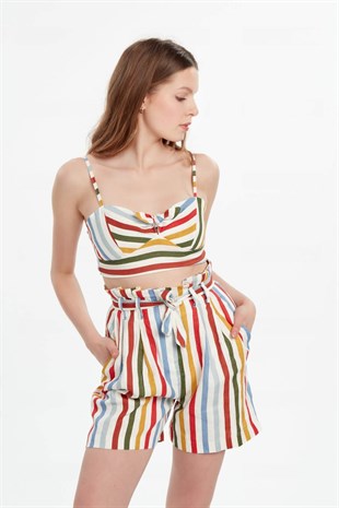 Renkli çizgili keten yüksek bel şort