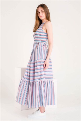 Renkli Çizgili Üstü Gipeli Sırt Dekolteli Uzun Elbise