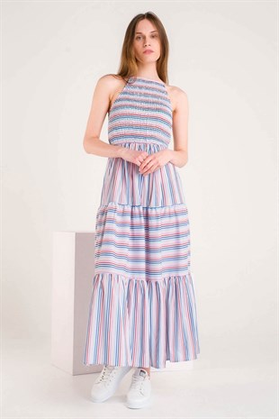 Renkli Çizgili Üstü Gipeli Sırt Dekolteli Uzun Elbise