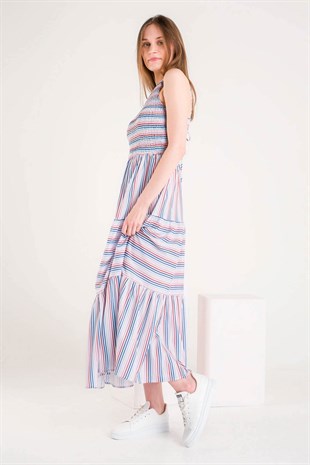 Renkli Çizgili Üstü Gipeli Sırt Dekolteli Uzun Elbise